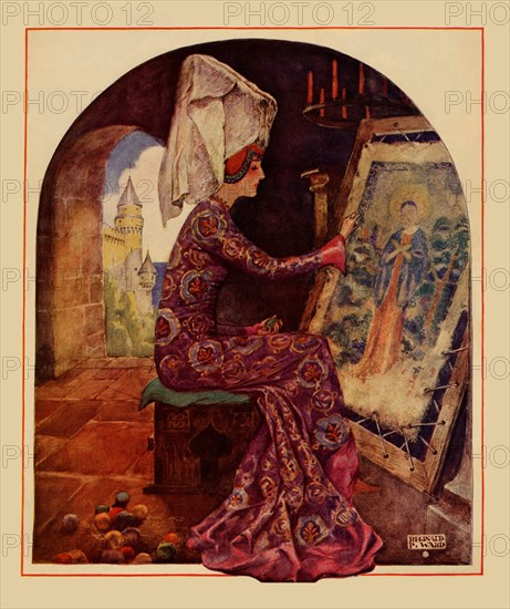 Medieval Girl sews a tapestry 1929