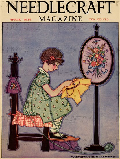 Pre-Teen cross-stitches a fabric 1929
