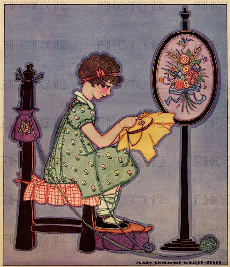 Pre-Teen cross-stitches a fabric 1929