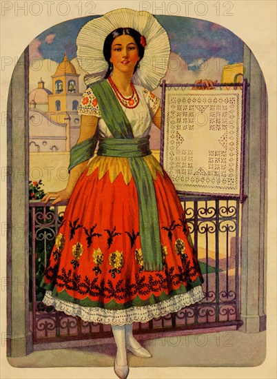 Hispanic holds up a lace design on a frame 1930