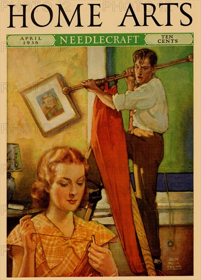 Wife sews while a man hangs a picture 1936