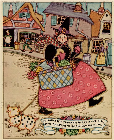 Cartoon Character walks thru and old town carrying a basket of produce 1937