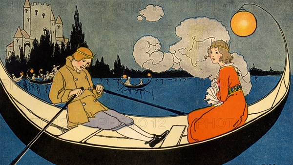 Young Princess rowed in a gondola in a lagoon 1910