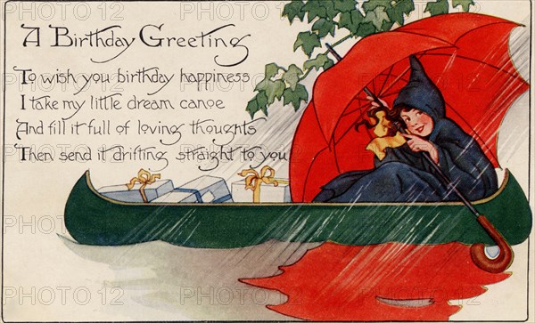 Birthday Greeting card from a girl with Red umbrella 1910