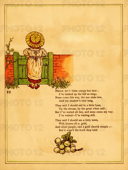 Young girl waits by the garden gate for a gold & silver town to appear 1875