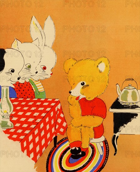 Bear sits waiting for tea  to boil as Cat, dog and bunny look on 1900