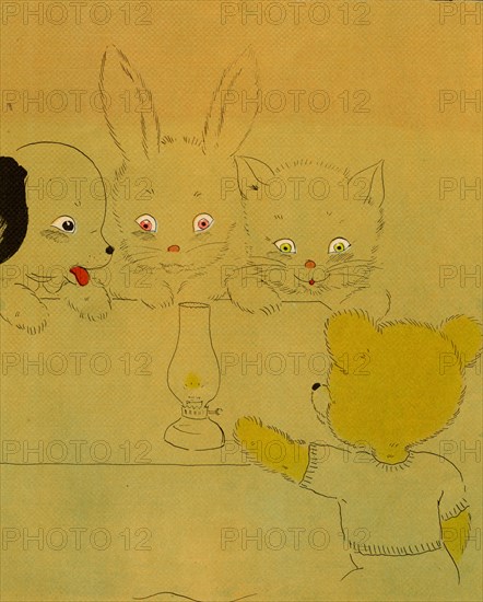 Anthropomorphic bear lights an oil lamp for bunny, cat and dog 1900