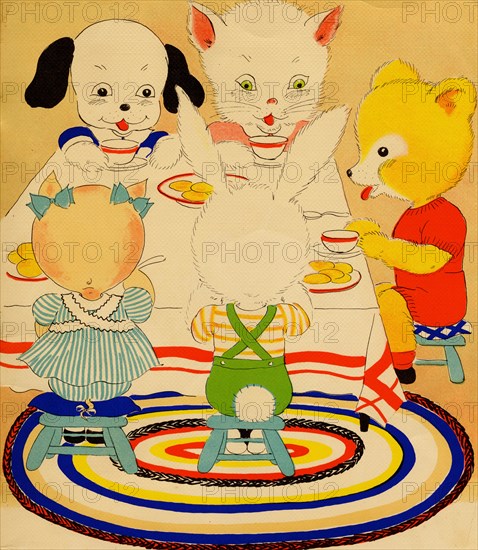 Anthropomorphic pig, bunny, kitten and dog dine at table together 1900
