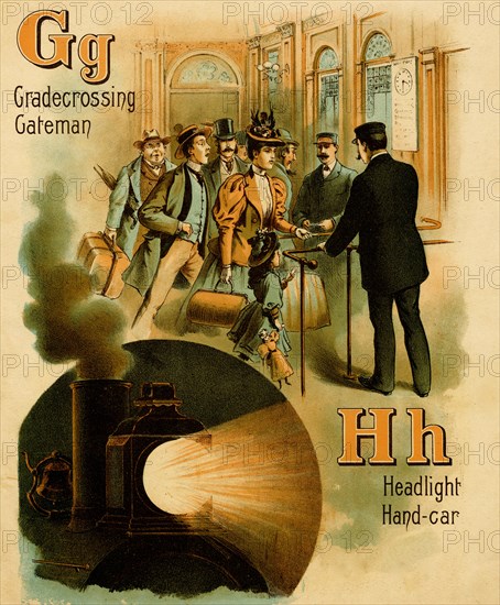 Railroad ABC - G is for Grade Crossing & Gateman - H is for Headlight & handcar 1890