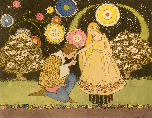 Prince gives young girl a ring and proposes to fireworks in background 1910