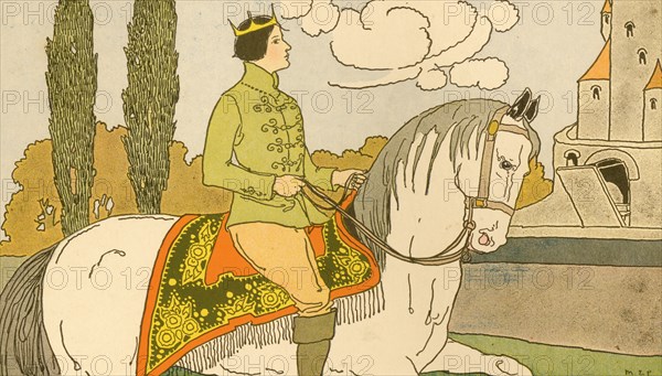 Prince rides a white horse as he approaches the castle 1910