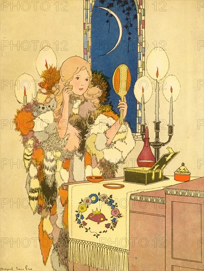 Decked out in fancy furs a young girl looks at herself in the mirror 1910