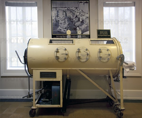 Iron lung (c. 1933) used to "breathe" for polio patients until 1955 when polio vaccine became available is located in the Mobile Medical Museum, Mobile, Alabama 2010