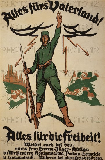 Alles fürs Vaterland! Alles für die Freiheit!; "Everything for the Fatherland, everything for freedom", and instructs people to register for the border infantry battalion. 1918