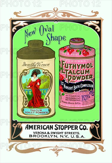 Dorothy Vernen and Euthymol Talcum Powders in New Oval Shaped Tins 1900