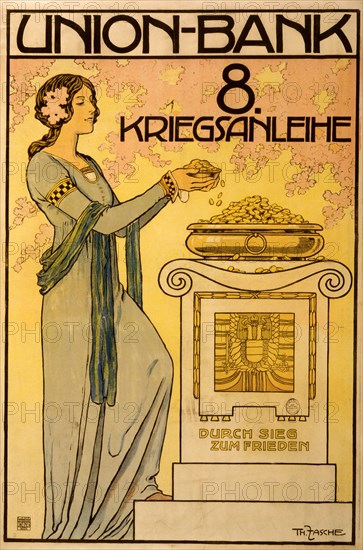 Union-bank, 8. Kriegsanleihe; durch Sieg zum Frieden; Union Bank, 8th War Loan; (on altar) Peace through Victory. 1918