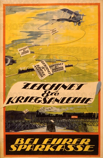 Zeichnet 8te Kriegsanleihe bei Eurer Sparkasse; Subscribe to the 8th War Loan at your savings bank. 1918