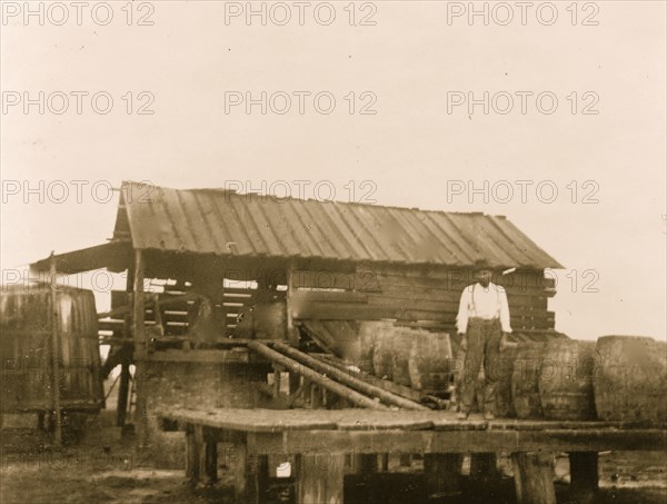 African American man standing unloading dock with large barrels 1899