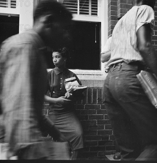 African American students arriving without incident at Van Buren High School, Little Rock, Arkansas 1958
