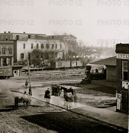 Atlanta, Ga. Soldiers on boxcars at railroad depot 1865