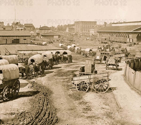 Atlanta, Georgia. Federal army wagons railroad depot 1865