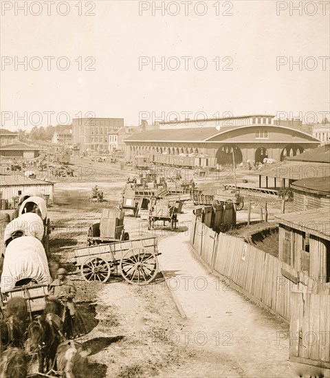 Atlanta, Georgia. Federal army wagons railroad depot 1865