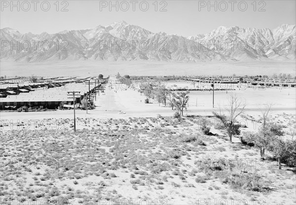 Manzanar from Guard Tower, view west (Sierra Nevada in background),  1943
