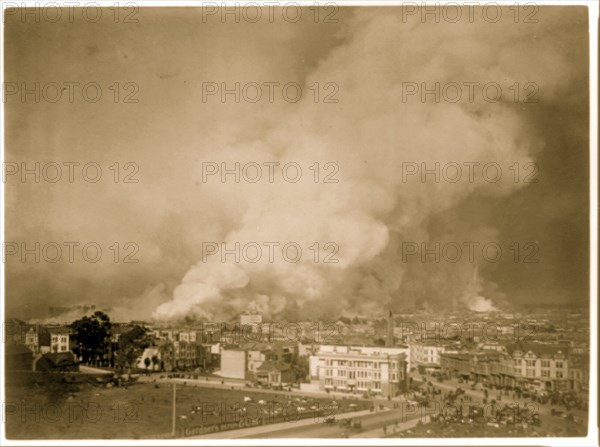 Bird's-eye view of smoldering downtown section during the San Francisco earthquake and fire 1906