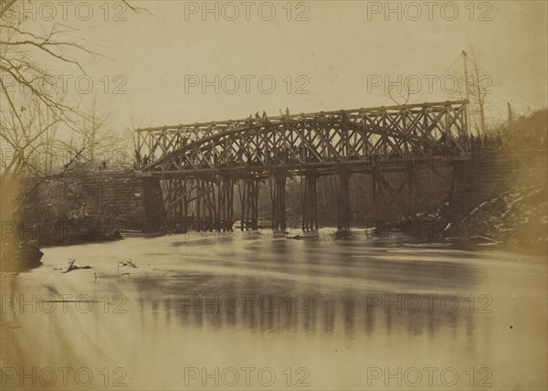 Building military railroad truss bridge across Bull Run, April, 1863 1863