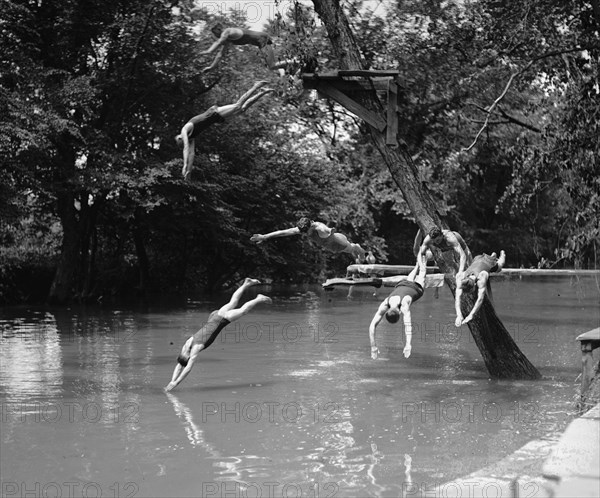 Citizen's Military Training Camp registrants at Camp Meade dive into stream 1922