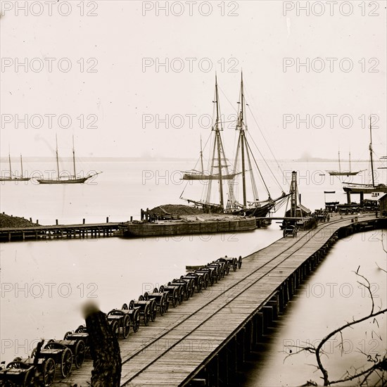 City Point, Va. Wharf, Federal artillery, and anchored schooners 1863