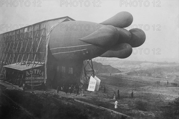 Clement Bayard Dirigible half way in Hangar