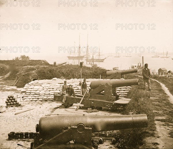 Confederate battery. Magruder with 8-inch Columbiads. Federal transports in river 1862