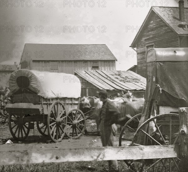 Culpeper Court House, Virginia. View of houses and army wagons 1862