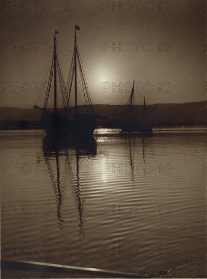 Dead Sea Sunrise over Mt. Nebo breaks upon Sailing ships with unfurled linen 1920