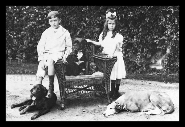 Boy and Girl with Their Four Dogs 1900