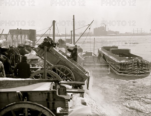 Dumping snow into the river after a blizzard, New York 1888