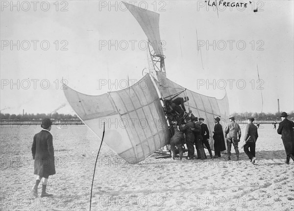 Early French Monoplane "La Frigate" in the Design of Leonardo Da Vinci Crashes Headlong into Ground