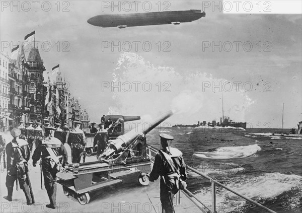 English Fleet at Ostend with Balloon Overhead 1918