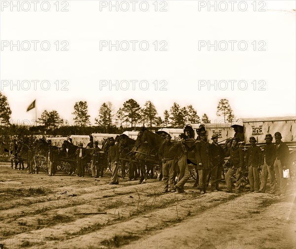 Falmouth, Va. Men and wagons of the Engineer Corps ambulance train 1863