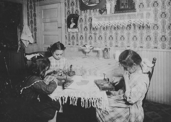 Girls working on ice wagon and delivering it in bags or sacks to homes 1912