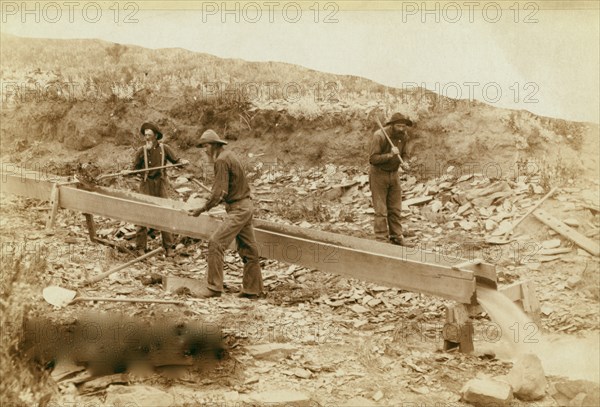 Gold Dust." Placer mining at Rockerville, Dakota. Old timers, Spriggs, Lamb and Dillon at work 1889