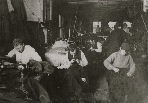 Group of sweatshop workers in shop of M. Silverman. 30 Suffolk St. 1908