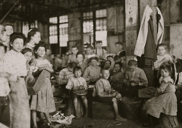 Groups showing a few of the workers stringing beans in the J. S. Farrand Packing Co., Baltimore, Md.  1910