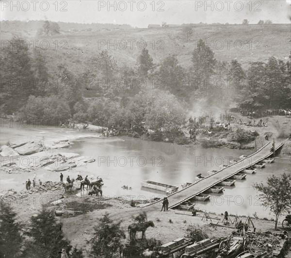 Jericho Mills, Va. Canvas pontoon bridge across the North Anna, constructed by the 50th New York Engineers; the 5th Corps under Gen. Gouverneur K. Warren crossed here on the 23d. View from the north bank 1864