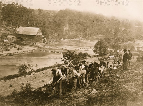 Jericho Mills, Virginia. 50th New York Engineers constructing road on south bank of North Anna River 1864
