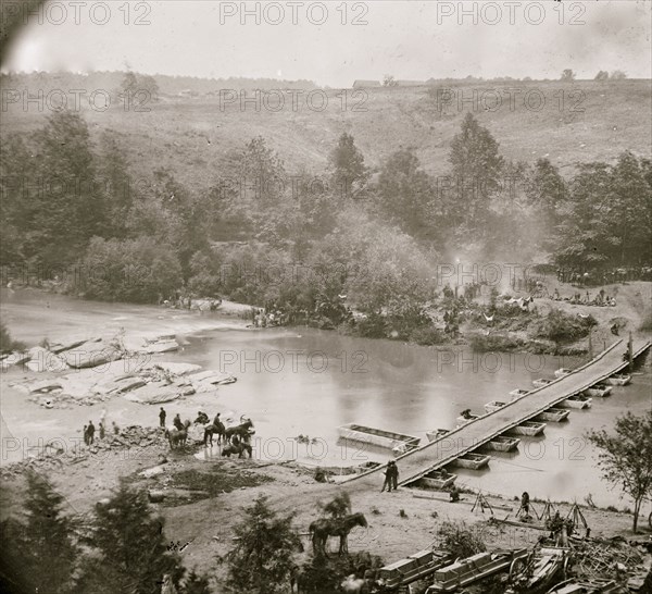 Jericho Mills, Virginia. Canvas pontoon bridge across the North Anna, constructed by the 50th New York Engineers, where the 5th Corps under Gen. Warren crossed. View looking down stream from north bank 1864