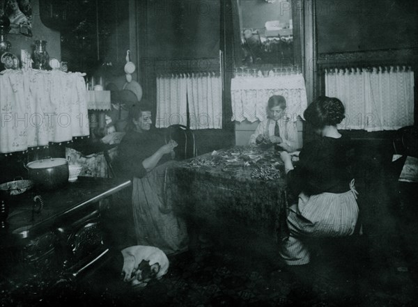 Mrs. Barattini, Janitress and son Louis, 14 years old, and daughter who works in a flower factory all day and helps her mother make these silk rose petals at night. 1912