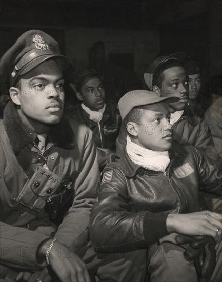 Members of the 332nd Fighter Group attending a briefing in Ramitelli, Italy, March, 1945 1945