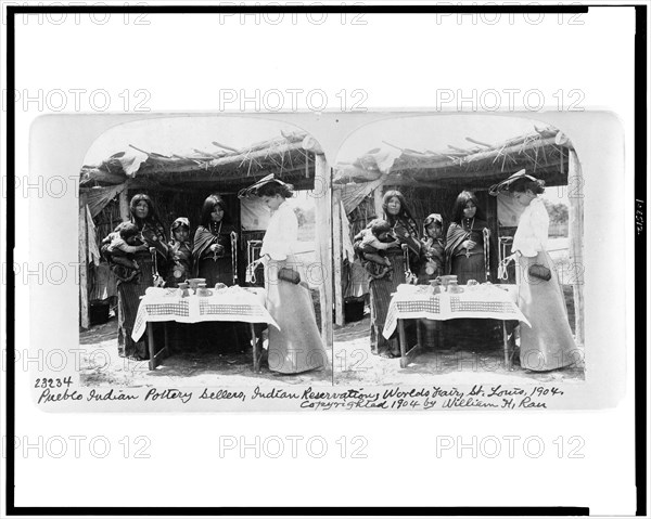 Pueblo Indian pottery sellers, Indian reservation, World's Fair, St. Louis, 1904 1904